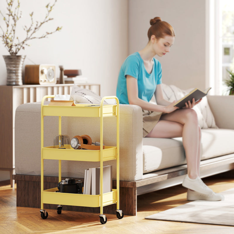 Three Tier Steel Storage Trolley With Wheels For Kitchen Or Office Use, Yellow