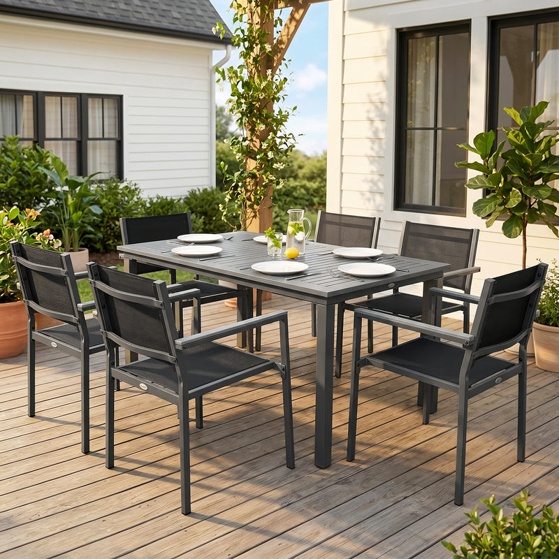 Garden Dining Set for 6 with Stackable Chairs and Wipe Clean Table, Grey & Black Outsunny