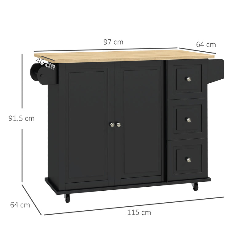 Kitchen Island with Drop-Leaf Tabletop and Storage Drawers for Extra Prep Space Black