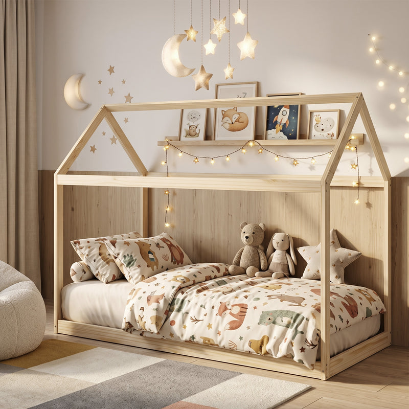 Kids Wooden House Bed Frame for Cosy and Fun Bedtime Single Size Natural Wood Finish