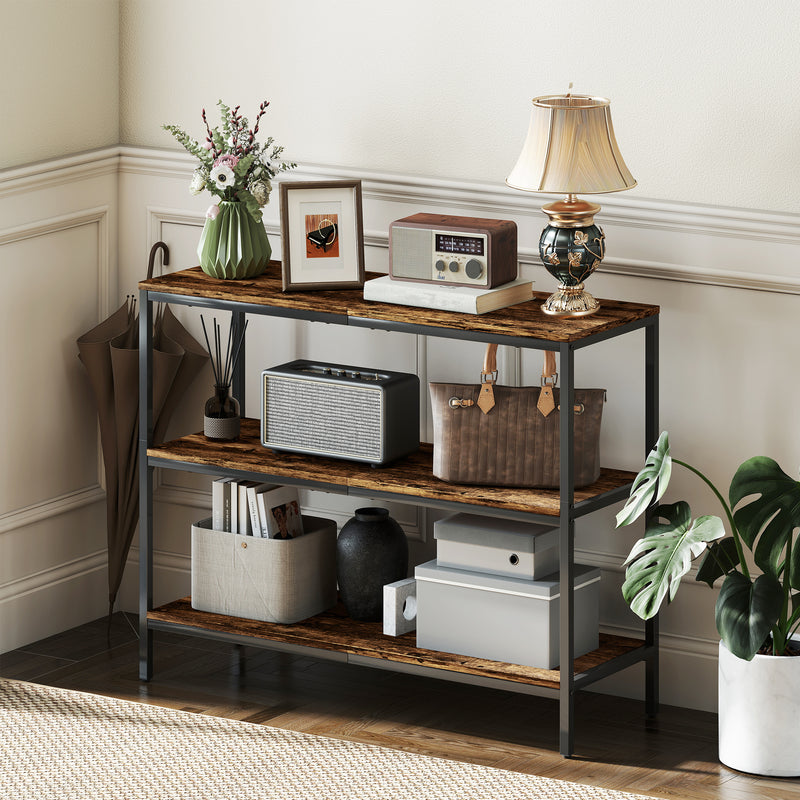 3 Tier Console Table with Open Storage Shelves Ideal for Hallway or Living Room, Rustic Brown