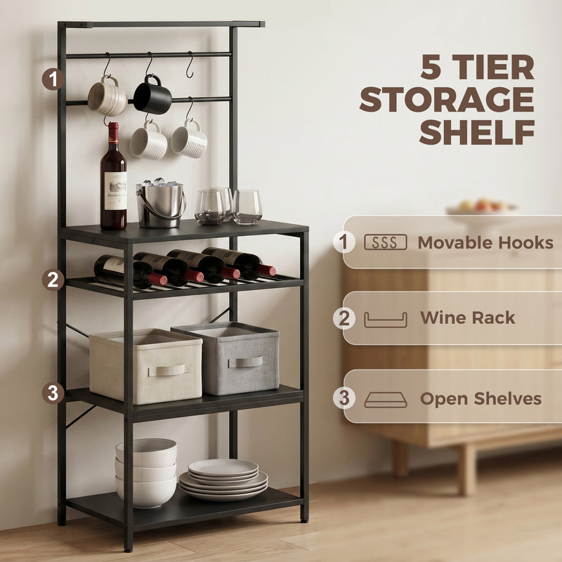 Kitchen Storage Shelf with Wine Rack and Hooks for Small Spaces Black