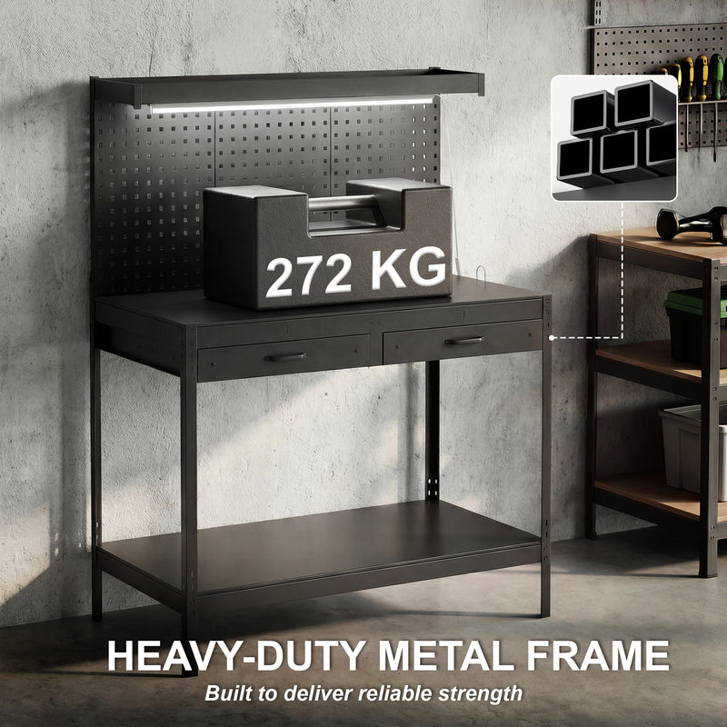 Workbench with Storage, LED Light and Power Outlets for Garage or Workshop Black AOSOM