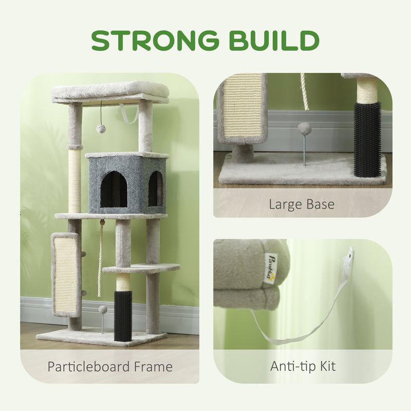 Light Grey 132cm Cat Tree with Scratching Posts Bed House Jumping Platform and Grooming Brush by PawHut