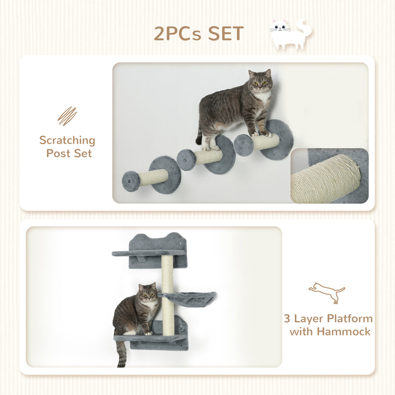 Wall Mounted Cat Tree with Scratching Post and Shelves for Indoor Cats, Grey