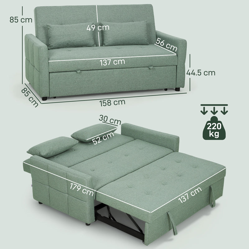 2 Seater Folding Sofa Bed For Small Spaces - 3 Position Reclining Backrest, Green Fabric