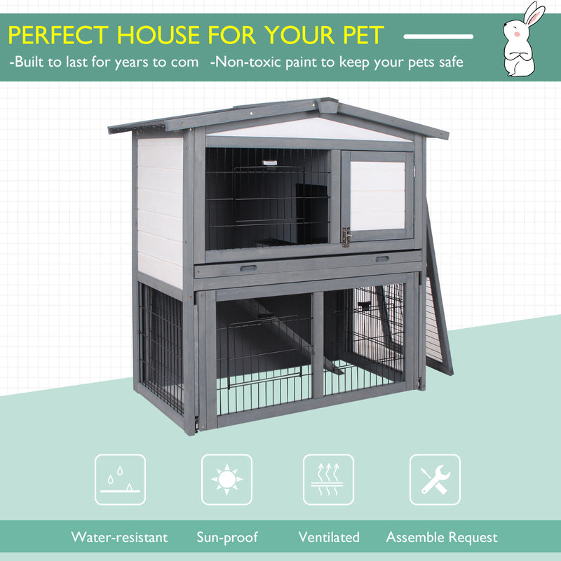 2 Tier Wooden Rabbit Hutch for Outdoor Use with Ramp and Shelter for Guinea Pigs Grey AOSOM
