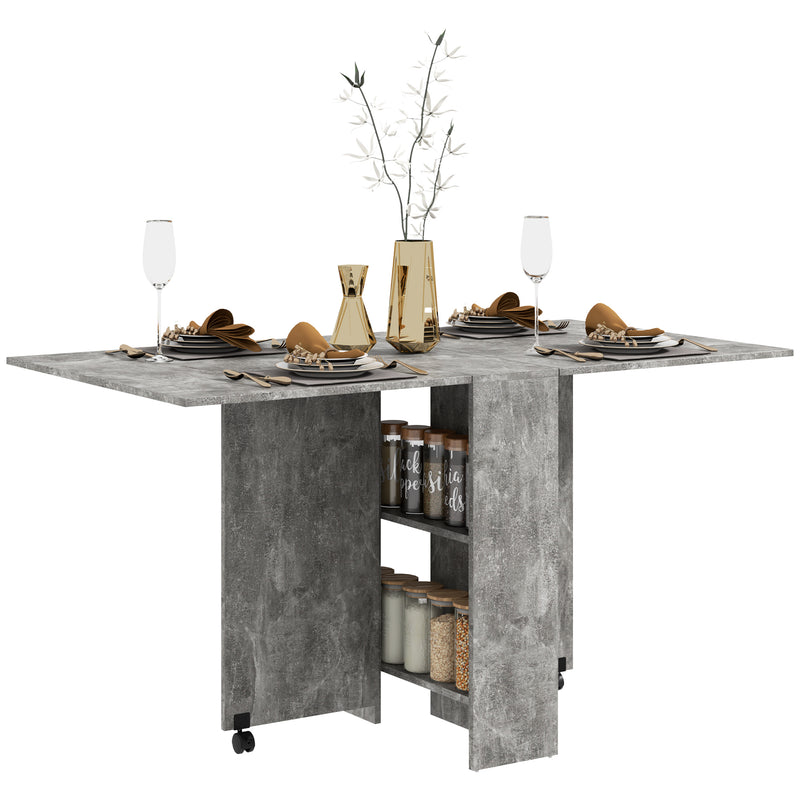 Folding Drop Leaf Dining Table with Storage Shelves and Wheels for Small Kitchens Cement Grey