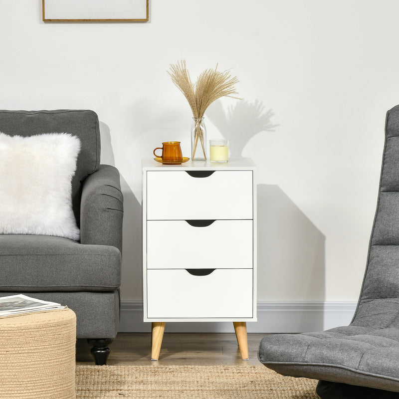 Bedside Table with 3 Drawers and Cut Out Handles for Bedroom Storage White