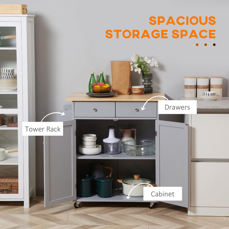 Wood Top Rolling Kitchen Island Cart with Drawers Shelves and Towel Rack Grey