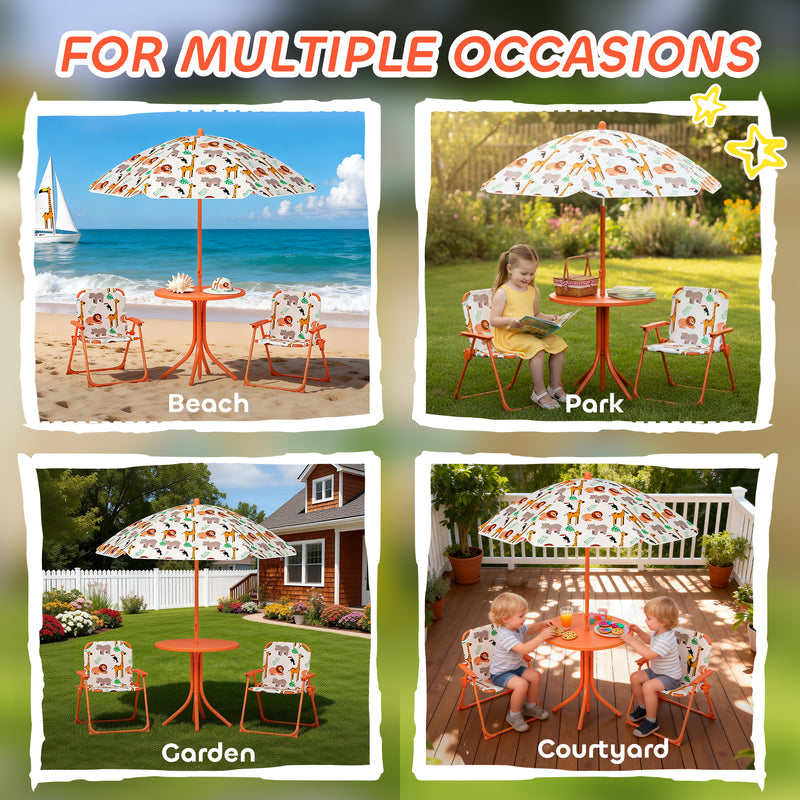 Kids Outdoor Picnic Table Set with Umbrella and 2 Folding Chairs for Garden Use Orange AOSOM