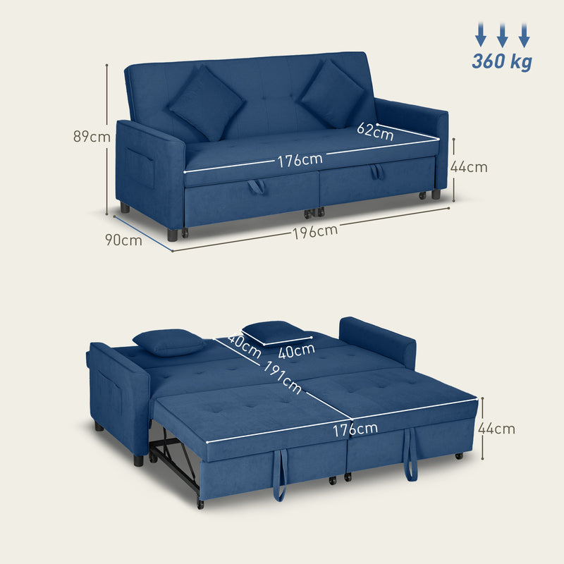 Blue Three Seater Velvet Feel Sofa Bed Comfortable and Stylish by HOMCOM