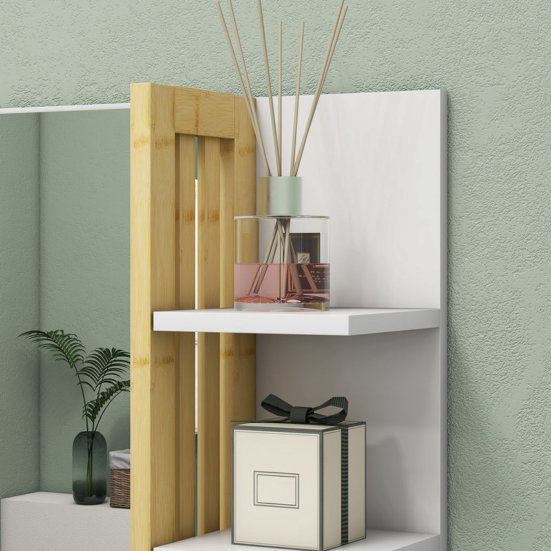 White Bathroom Mirror With Bamboo Frame And Storage Shelves For Modern Interiors