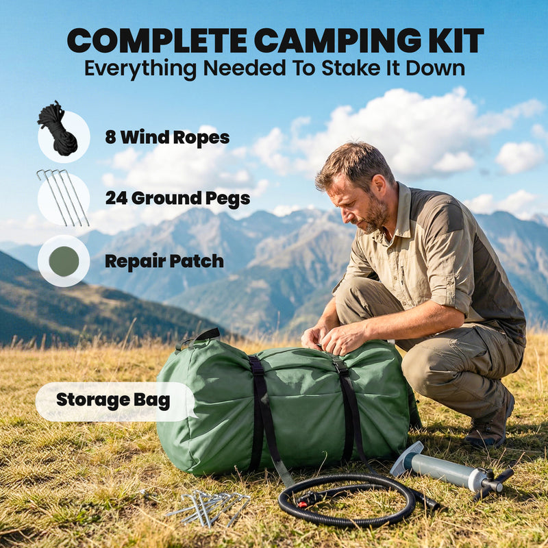 Large Waterproof Inflatable Camping Tent 8-10 Person, 10000mm With Skylights & Floor, Green