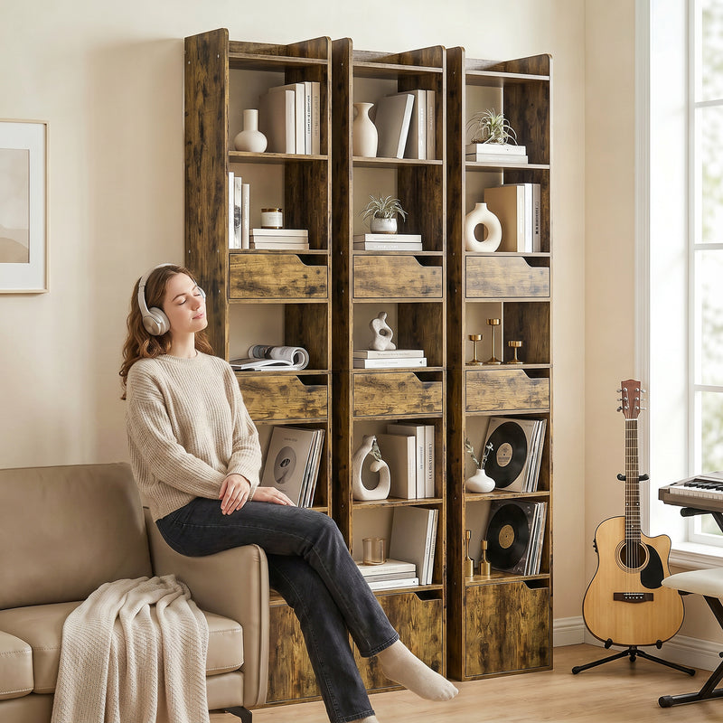 Slim Bookcase with Shelves Drawers and Cabinet for Small Spaces Rustic Brown