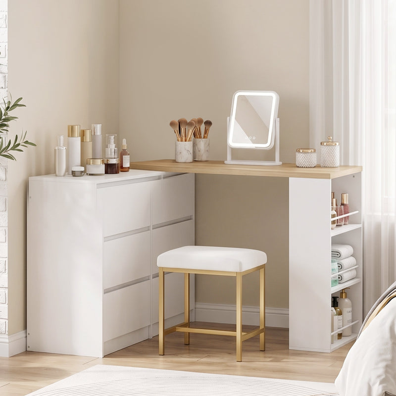 Dressing Table with 6 Drawers and 3 Shelves for Organised Bedrooms White Natural Wood Finish