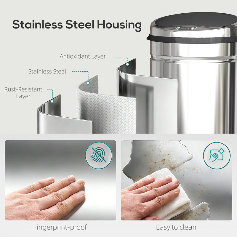 50L Stainless Steel Automatic Sensor Bin With Touchless Lid For Kitchen Or Office Use, Silver