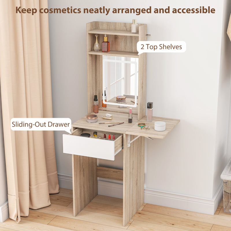 Dressing Table with Adjustable LED Mirror and Storage for Small Bedrooms Natural Wood AOSOM