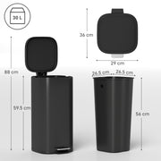 30L Pedal Bin with Soft Close Lid and Removable Inner Bucket for Kitchen or Office Black