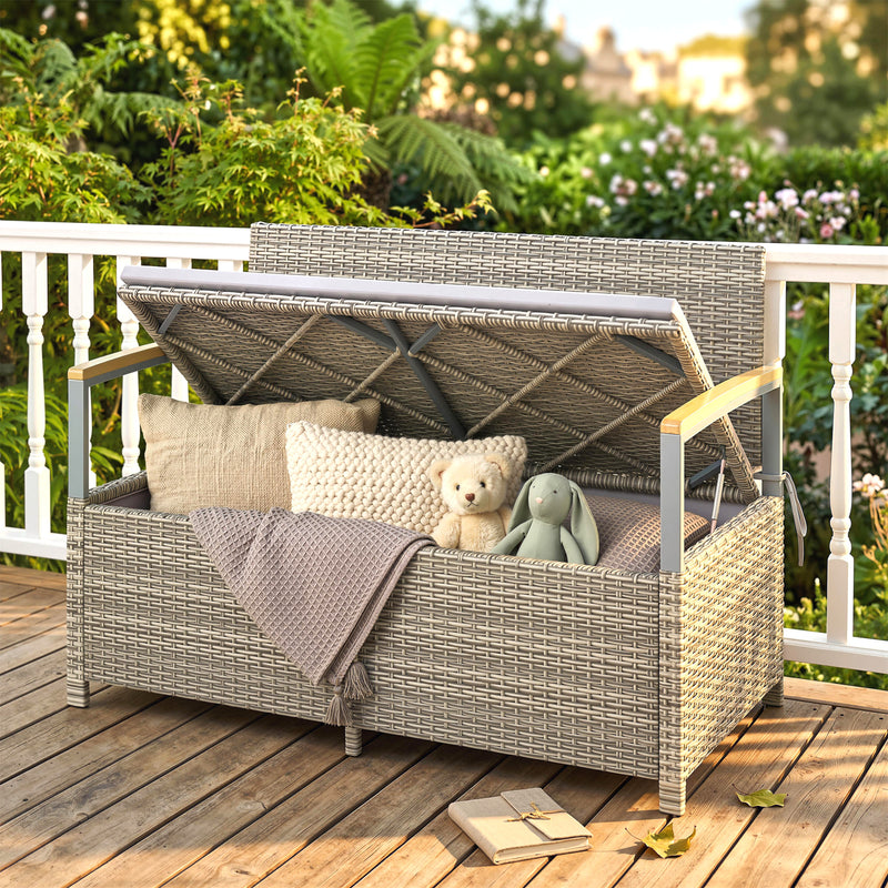 Garden Storage Bench with Hidden Compartment and Cushioned 2 Seater for Tidy Patios Light Grey Outsunny