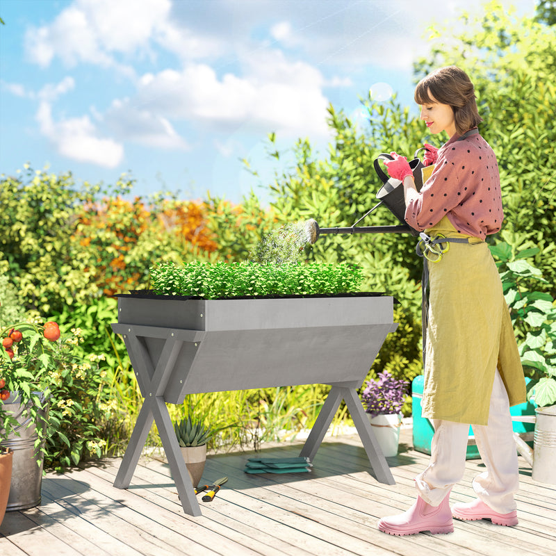 Wooden Raised Garden Planter Box With Legs And Liner For Outdoor Growing Light Grey AOSOM