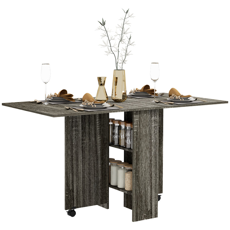 Folding Drop Leaf Dining Table with Storage Shelves and Wheels for Small Spaces, Grey