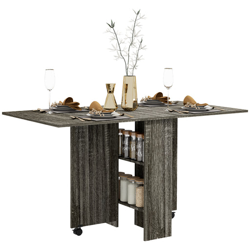 Folding Drop Leaf Dining Table with Storage Shelves and Wheels for Small Spaces, Grey