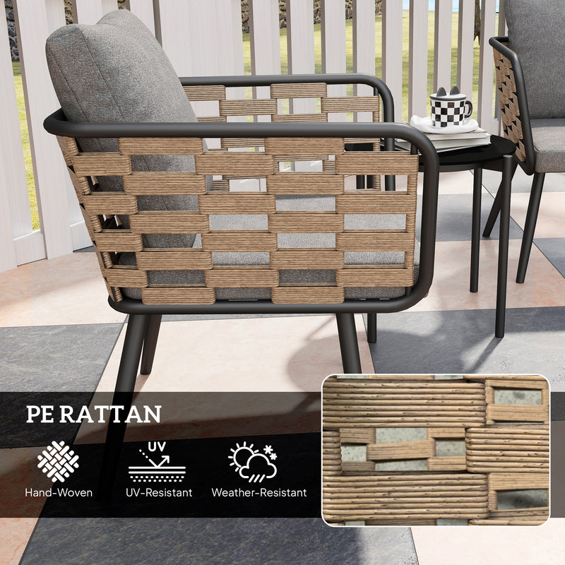 3 Piece Black Rattan Bistro Set with Cushions and Glass Top Table for Patio