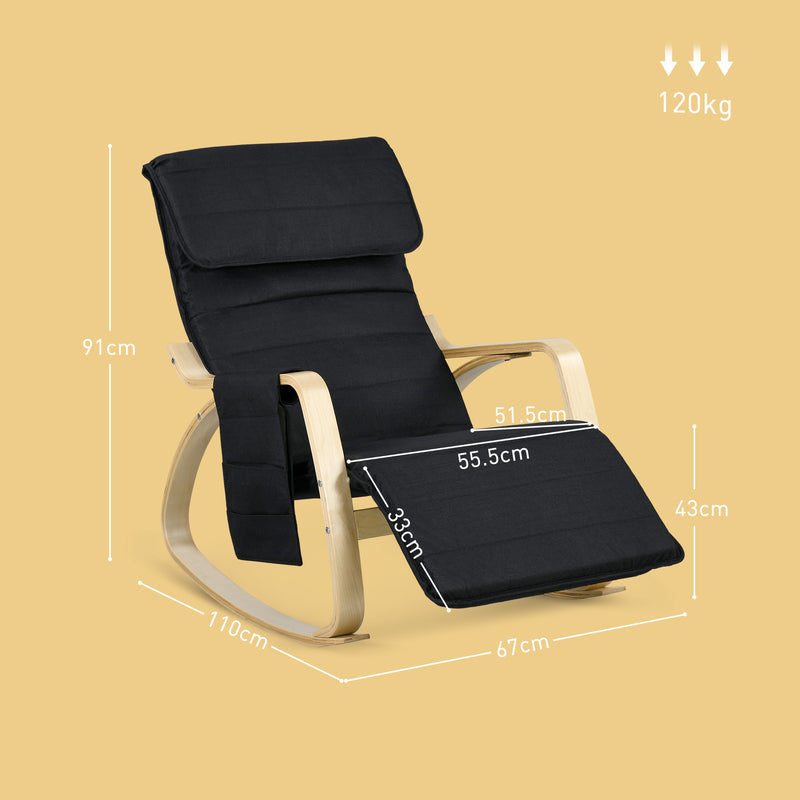 Reclining Rocking Lounge Chair with Footrest Pillow and Side Pocket for Home Relaxation Black