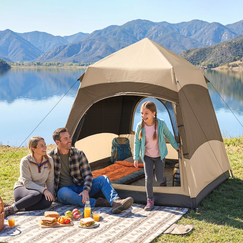 Pop Up 4 Person Tent for Quick Group Camping Shelter with Mesh Windows Brown and Khaki
