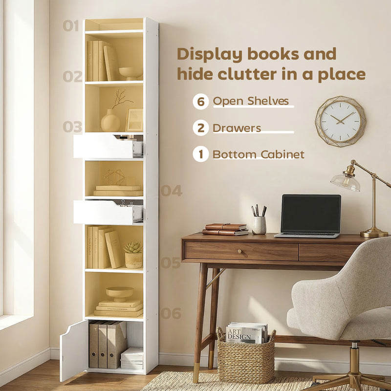 Slim Corner Bookcase with Shelves Drawers and Cabinet for Small Spaces White Wood Effect