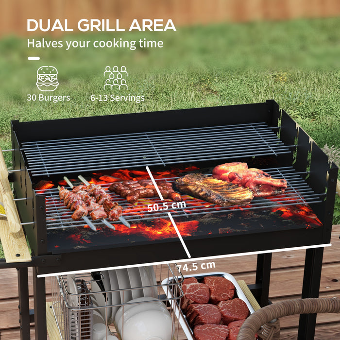 Charcoal BBQ Trolley Grill with Adjustable Racks Side Table and Wheels for Garden by Outsunny