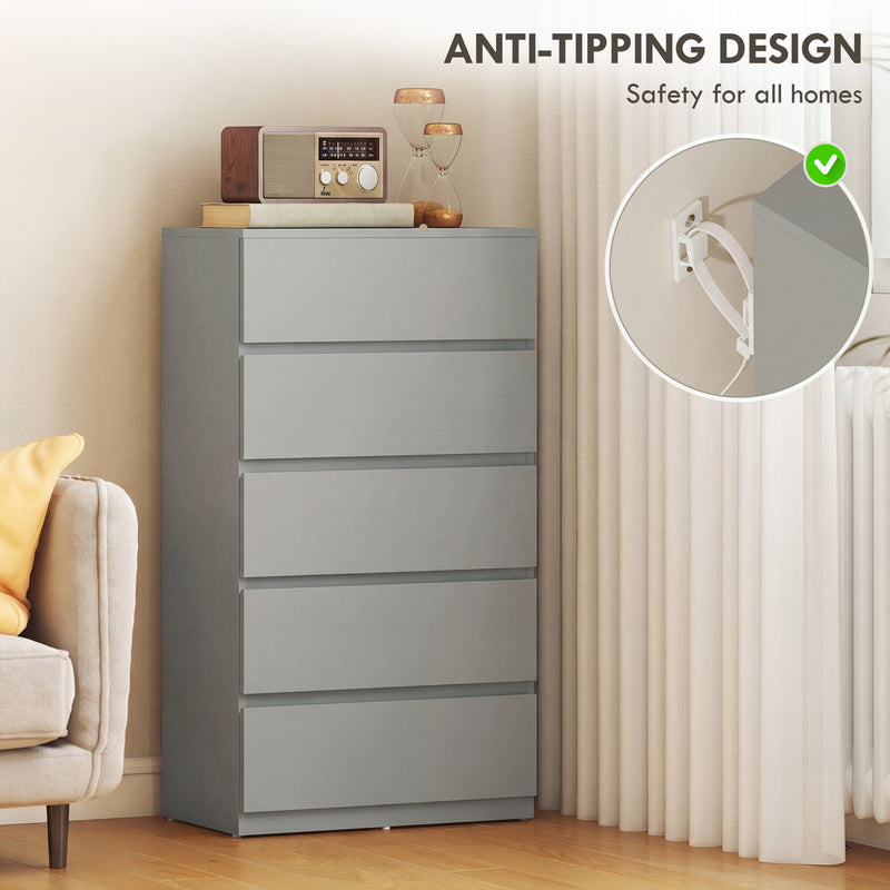Chest of Drawers with 5 Spacious Drawers for Bedroom Storage Grey AOSOM