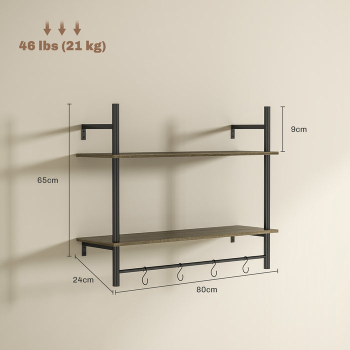 Grey Wall Mounted Floating Shelf With 4 Hooks for Living Room or Entryway by HOMCOM