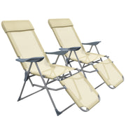 Set of 2 Beige Sun Lounger Chairs with 5 Position Adjustable Backs for Garden Relaxation
