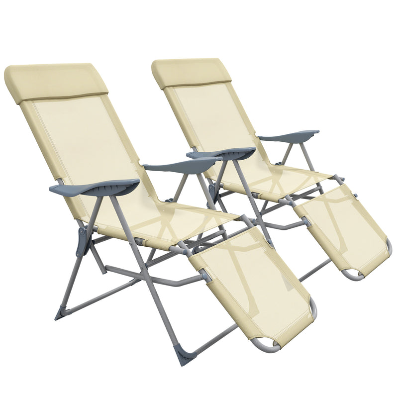 Set of 2 Beige Sun Lounger Chairs with 5 Position Adjustable Backs for Garden Relaxation
