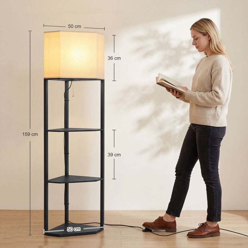 Floor Lamp with Shelves for Extra Storage and Adjustable Lighting Black Beige