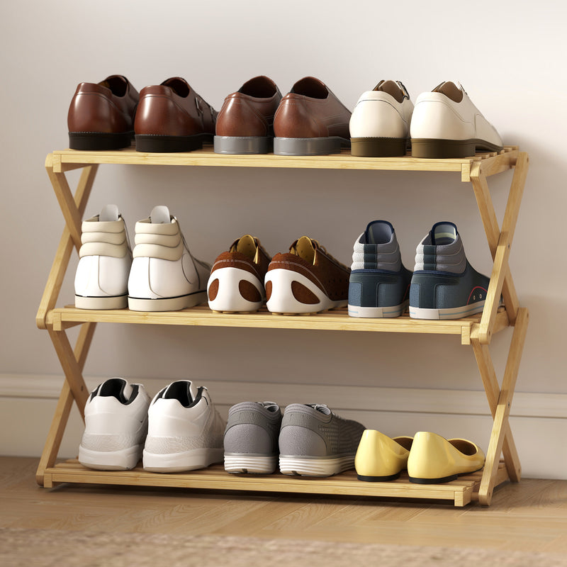 Three Tier Bamboo Shoe Rack Space Saving Foldable Storage Shelf Unit Natural Finish