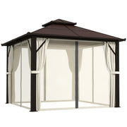 3 x 3m Hardtop Garden Gazebo with Polycarbonate Roof and Curtains Beige by Outsunny