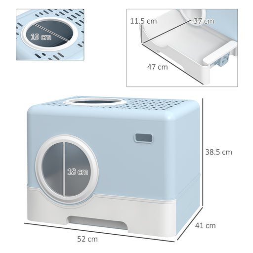 Enclosed Cat Litter Box with Lid Pull Out Tray Scoop and Top Exit for Easy Cleaning, Blue