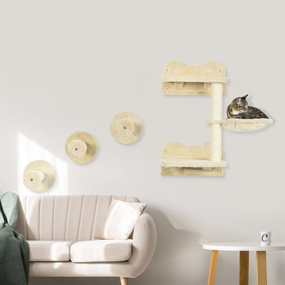 Wall Mounted Cat Tree with Scratching Post for Indoor Cats 4 Piece Space Saving Set Beige