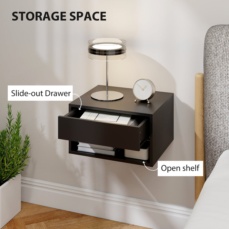 Floating Bedside Tables Set of 2 with Drawer and Shelf Space Saving Storage Black AOSOM