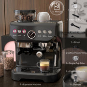 15 Bar Espresso Coffee Machine with Adjustable Grind and Milk Steamer for Home Use Black