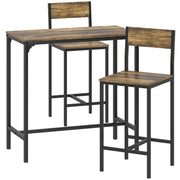 Bar Table Dining Set For Small Spaces - 3 Piece Set with 2 Stools - Industrial Style - Black & Brown Homcom