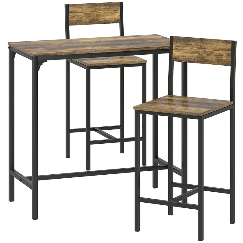 Bar Table Dining Set For Small Spaces - 3 Piece Set with 2 Stools - Industrial Style - Black & Brown Homcom