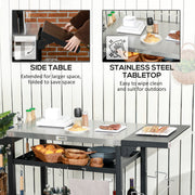 Black BBQ Grill Table with Stainless Steel Top for Outdoor Cooking and Entertaining