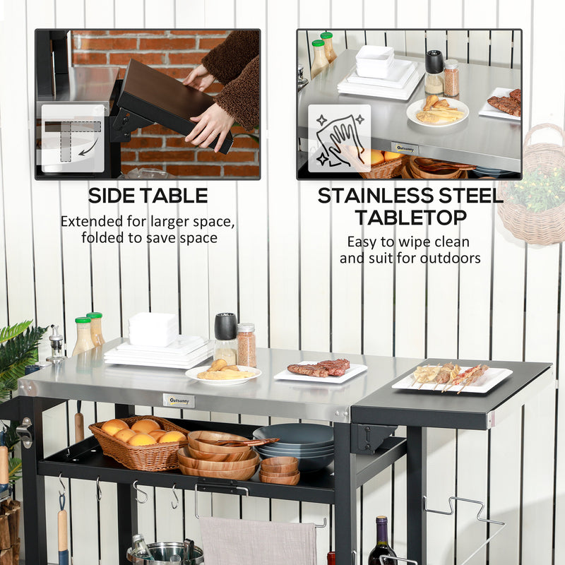 Black BBQ Grill Table with Stainless Steel Top for Outdoor Cooking and Entertaining