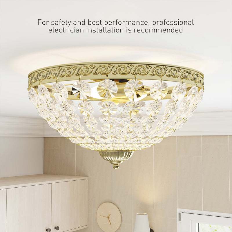 2 Light Flush Mount Crystal Chandelier with 168 Beads for Living Room or Bedroom, Gold Tone