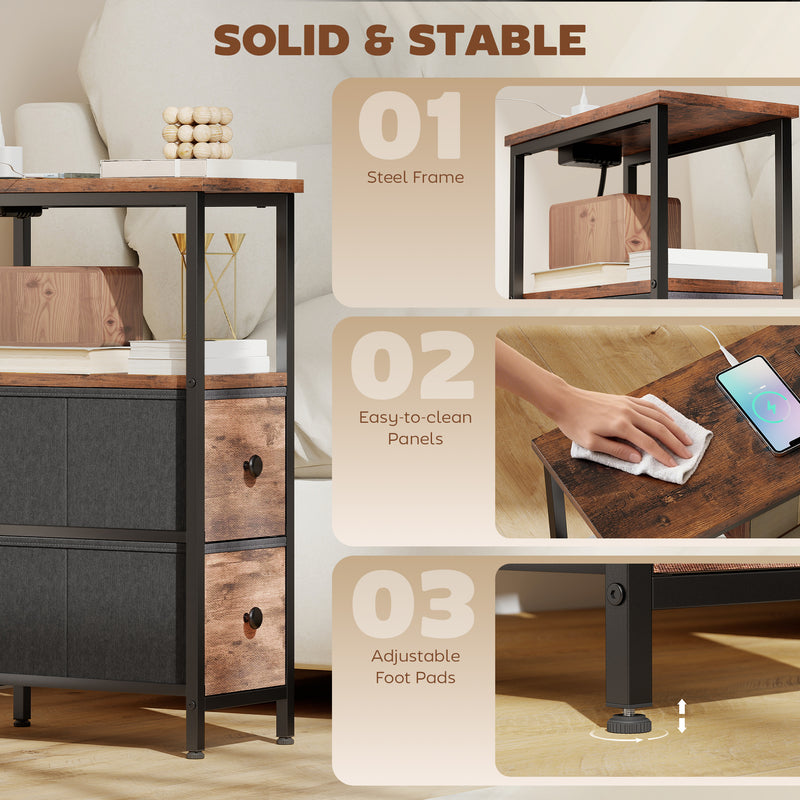 Slim Bedside Table With USB Charging Station and 2 Storage Drawers For Bedroom or Living Room, Industrial Style