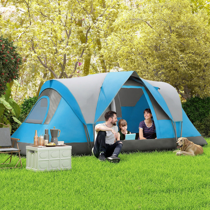 Family Tunnel Camping Tent With Groundsheet, Mesh Windows & Carry Bag, Light Blue